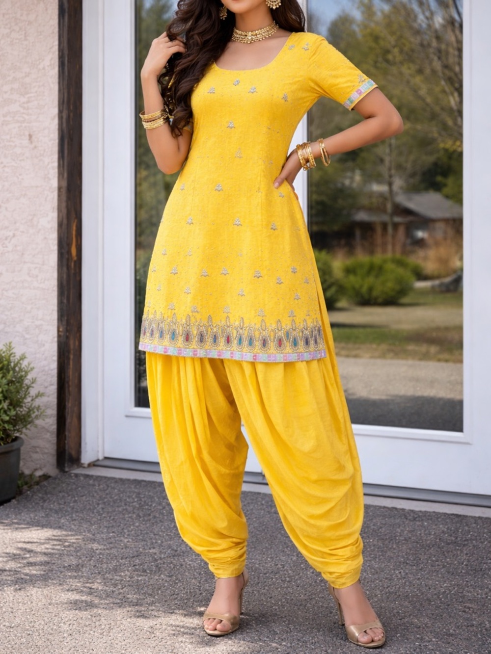 Yellow Beaded Tunic Kurta includes top pants and shawl. ( Patiala Salwar Suit)